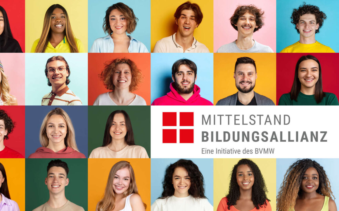 Logo der Bildungsallianz im Hintergrund mehrere Portraits